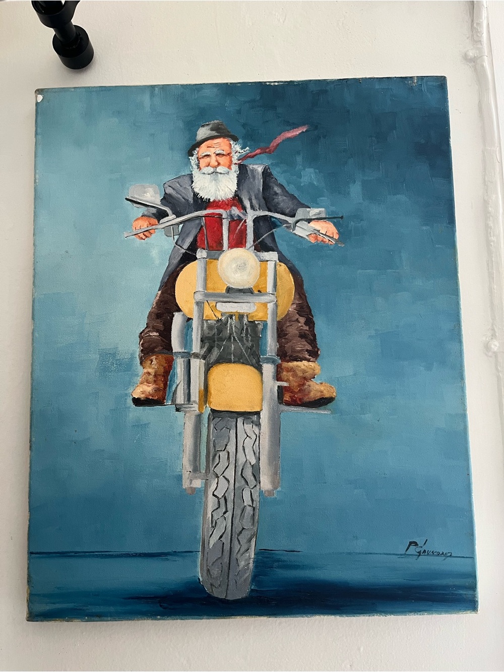 Unsigned Vintage-Style Santa on Motorcycle Wall Art - Blue and Yellow